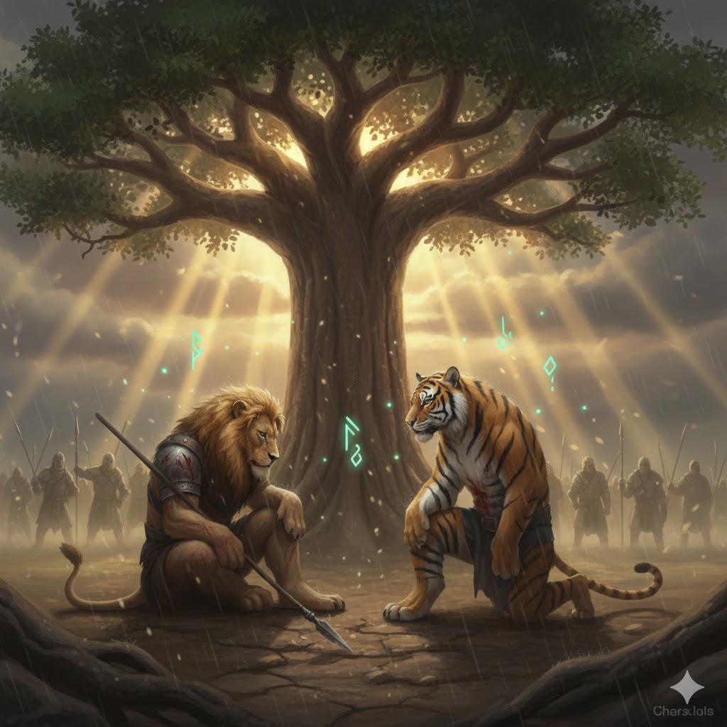 Mystical scene under a massive ancient baobab tree, the lion king and tiger commander meeting face to face, peace forming